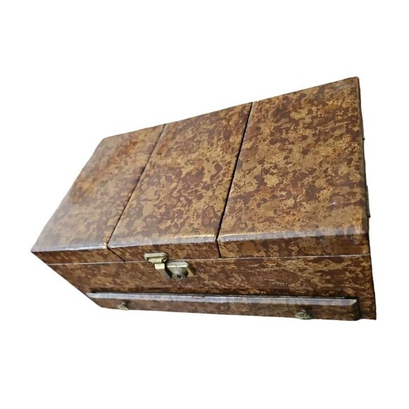 Vtg Jewelry Box Tri Fold Velvet Lined Gold Brown Marble Vinyl Mid Century - Picture 3 of 16